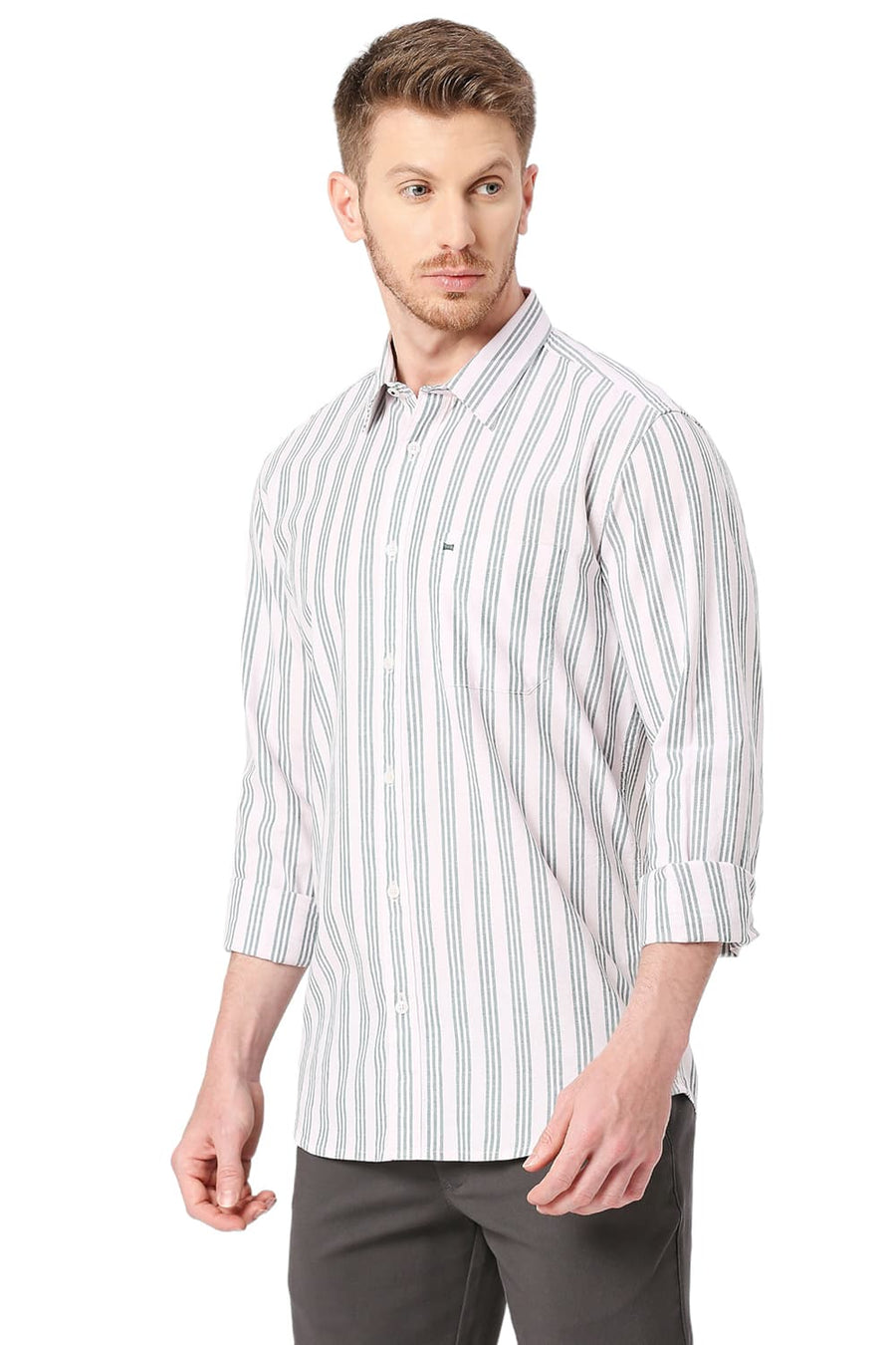 BASICS SLIM FIT PORCELAIN TURQUOISE COTTON OXFORD STRIPES SHIRT