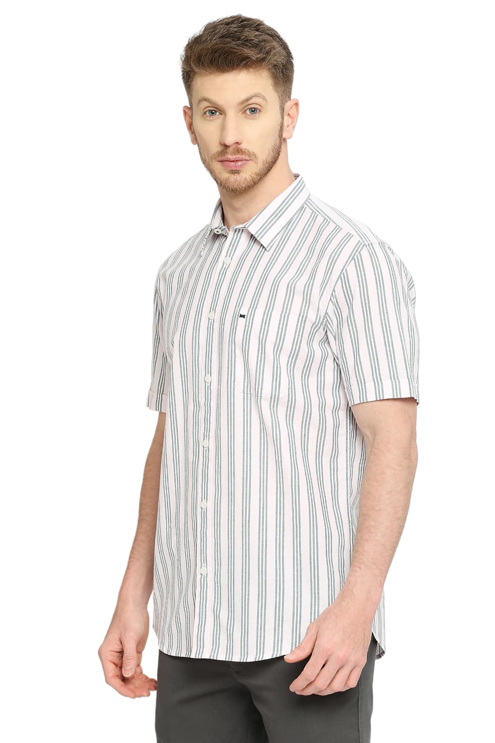 BASICS SLIM FIT COTTON OXFORD STRIPES HALFSLEEVES SHIRT