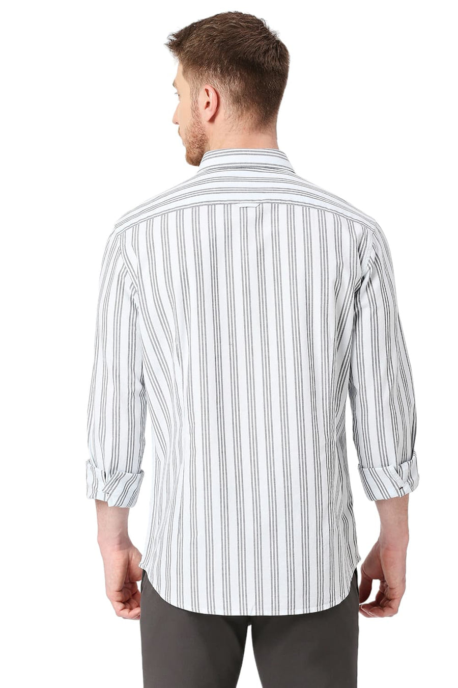 BASICS SLIM FIT JET BLACK COTTON OXFORD STRIPES SHIRT
