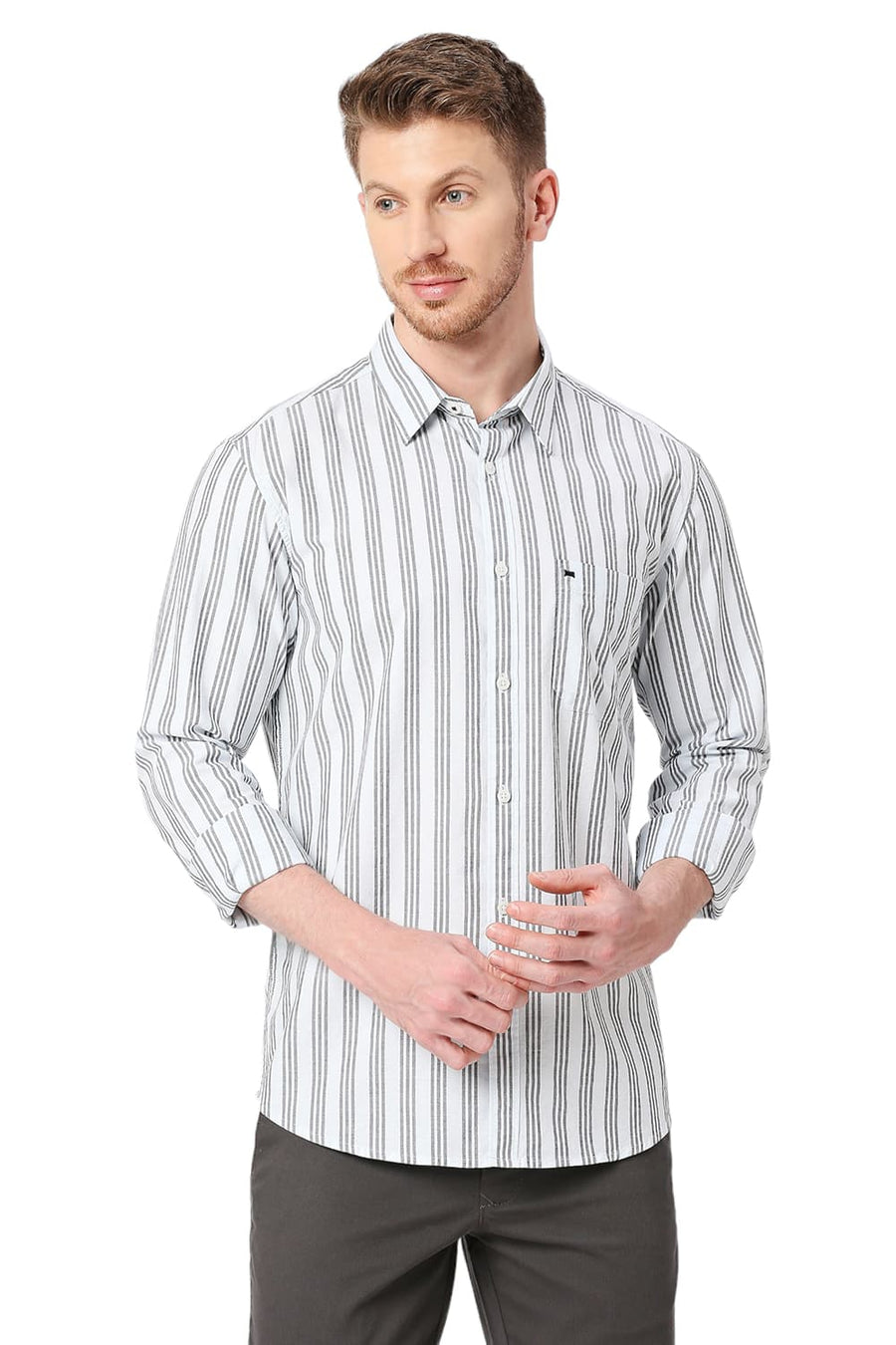 BASICS SLIM FIT JET BLACK COTTON OXFORD STRIPES SHIRT