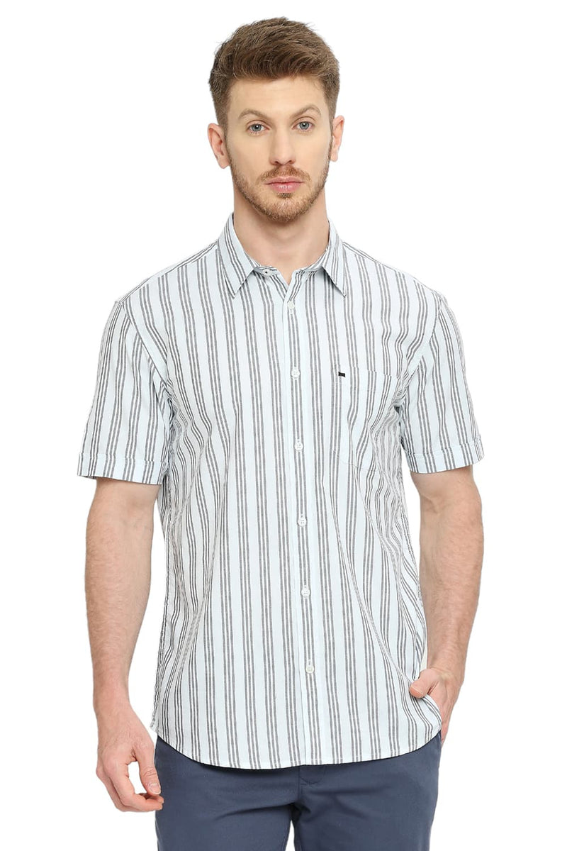 BASICS SLIM FIT COTTON OXFORD STRIPES HALFSLEEVES SHIRT