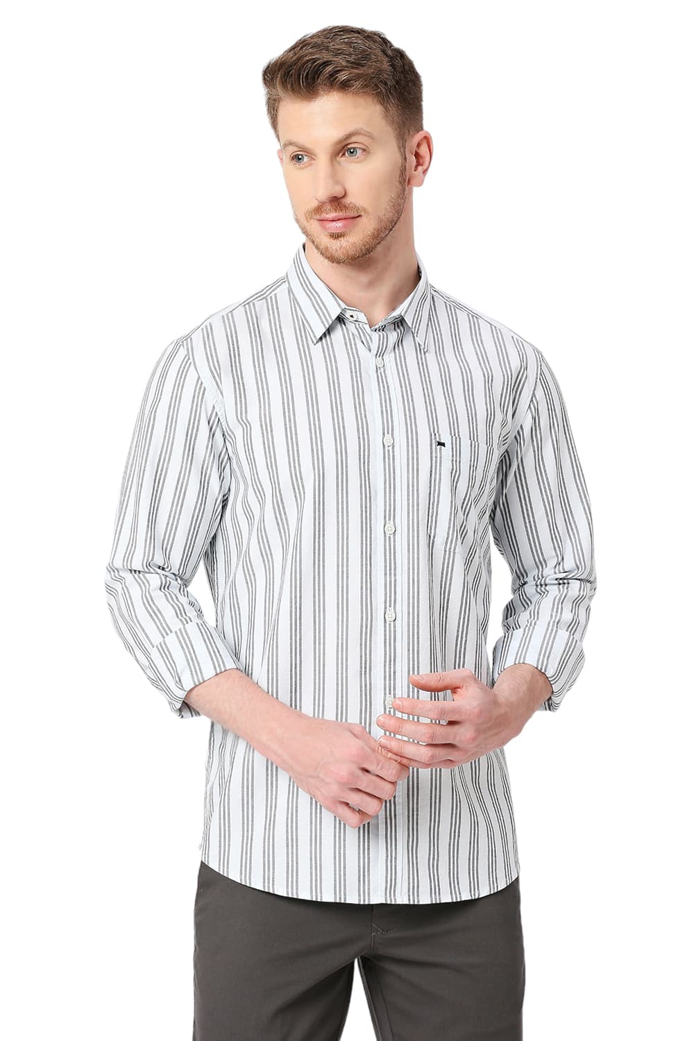 BASICS SLIM FIT COTTON OXFORD STRIPES SHIRT