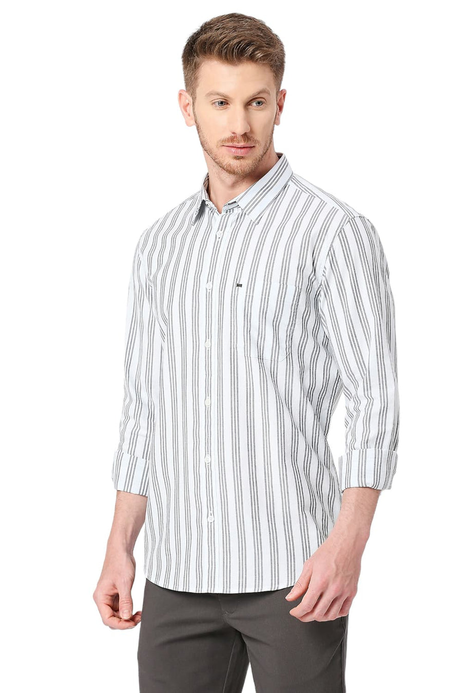 BASICS SLIM FIT JET BLACK COTTON OXFORD STRIPES SHIRT