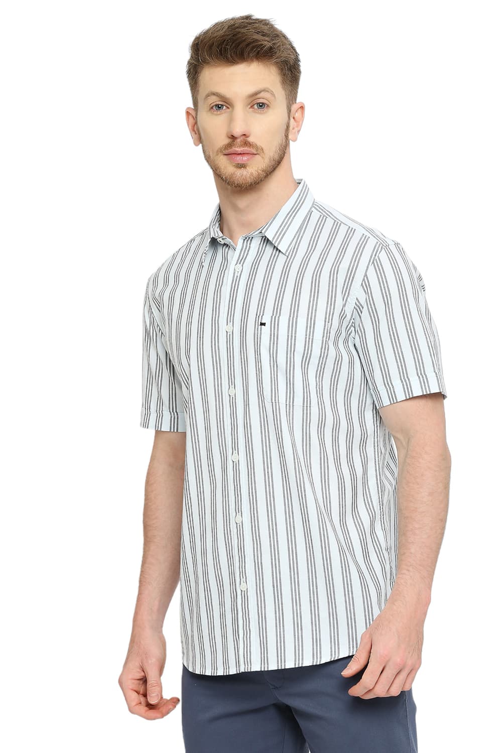 BASICS SLIM FIT COTTON OXFORD STRIPES HALFSLEEVES SHIRT