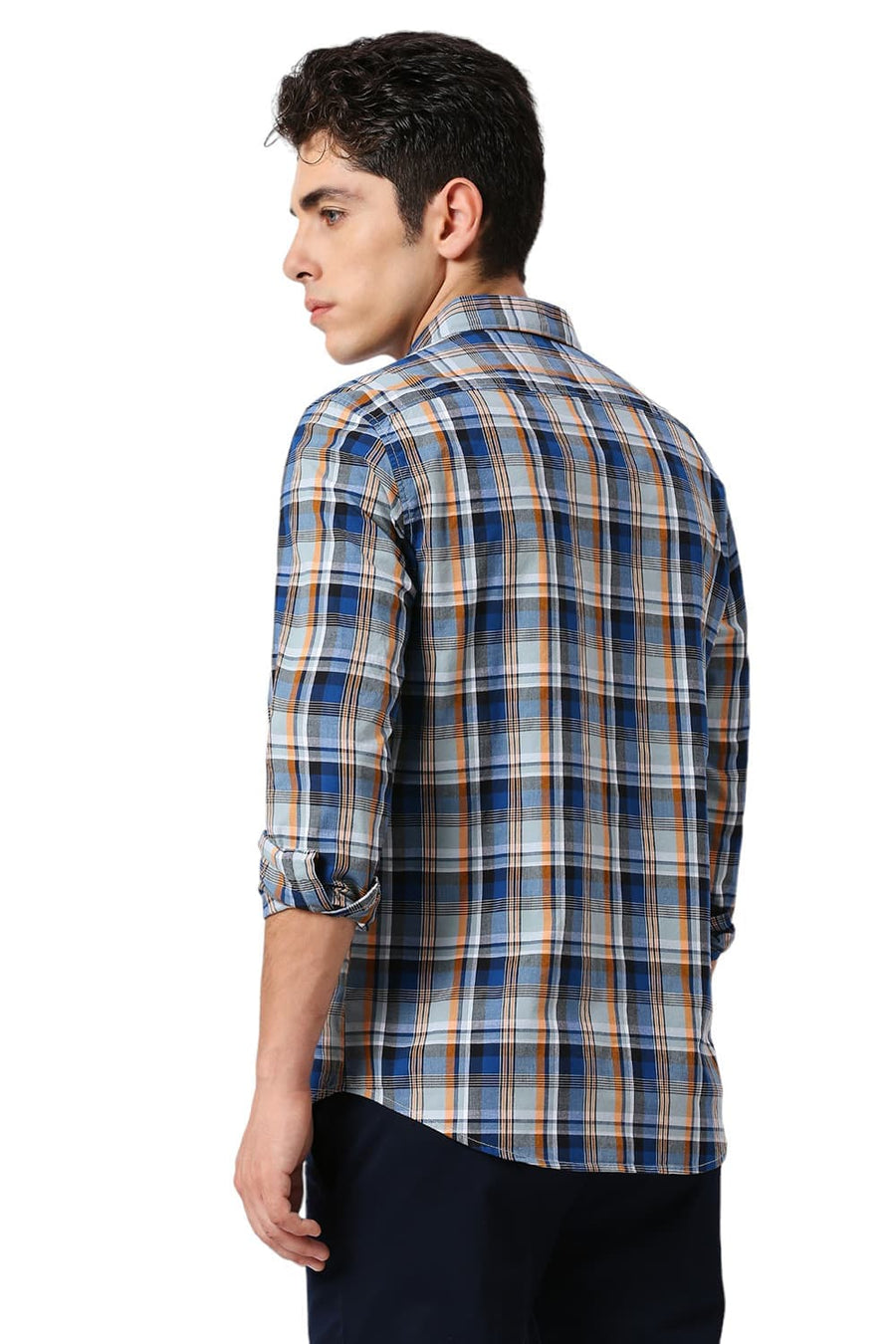 BASICS SLIM FIT SAIL NAVY COTTON CHECKS SHIRT