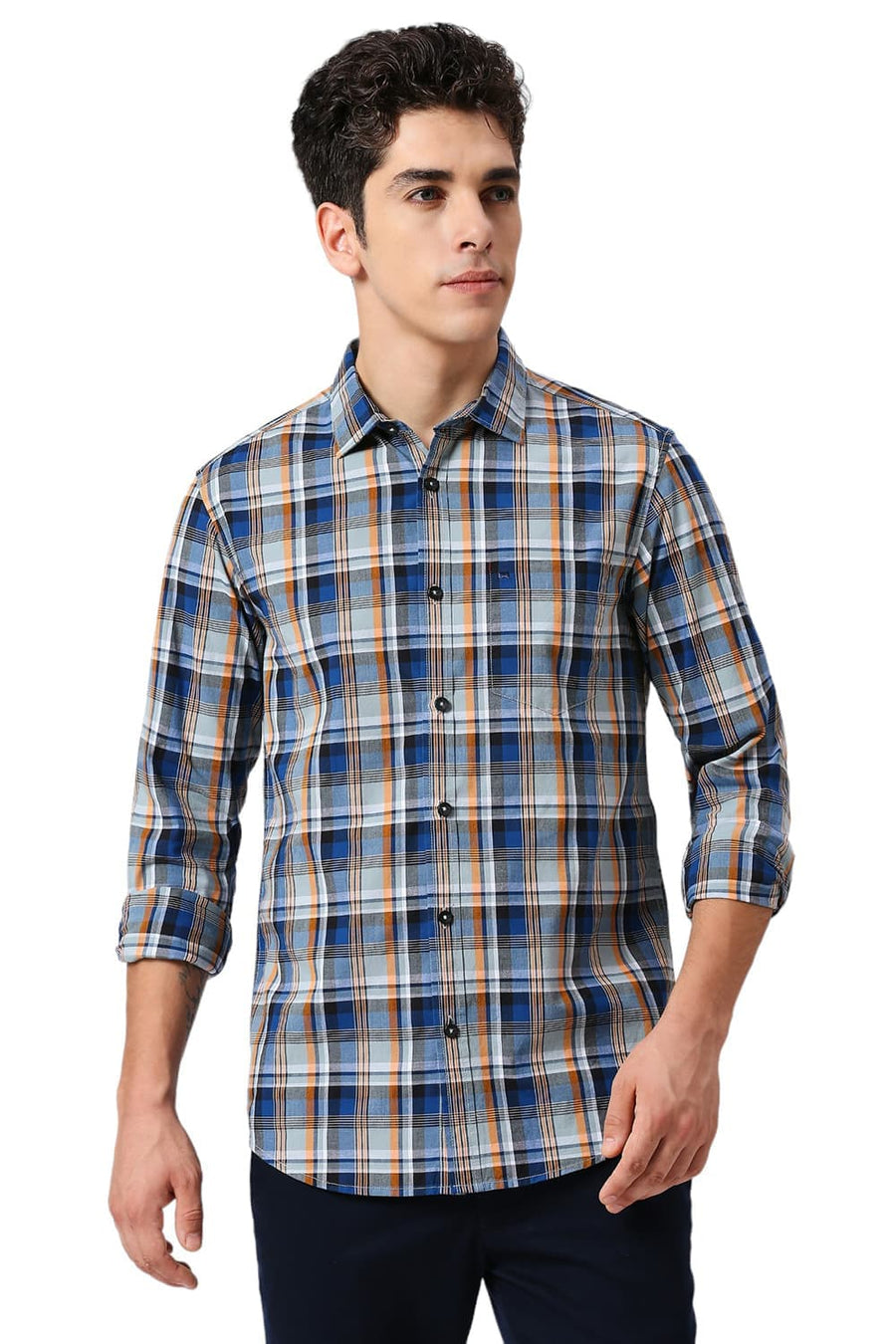 BASICS SLIM FIT SAIL NAVY COTTON CHECKS SHIRT