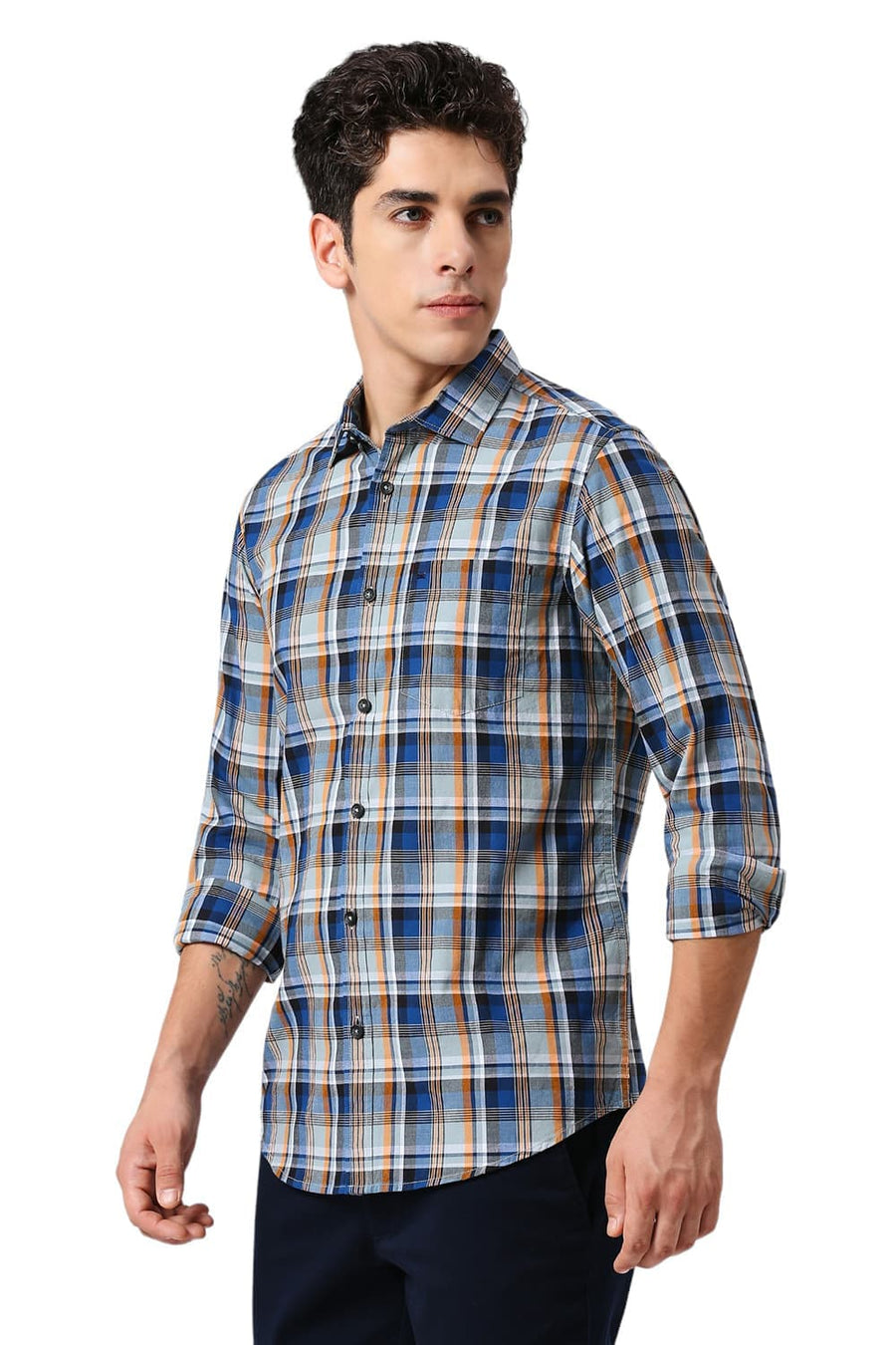 BASICS SLIM FIT SAIL NAVY COTTON CHECKS SHIRT