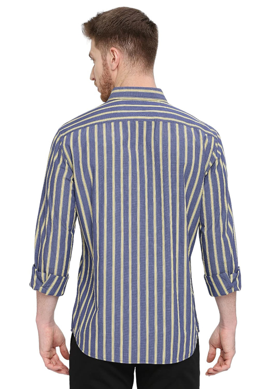 BASICS SLIM FIT TITAN NAVY COTTON STRIPE SHIRT