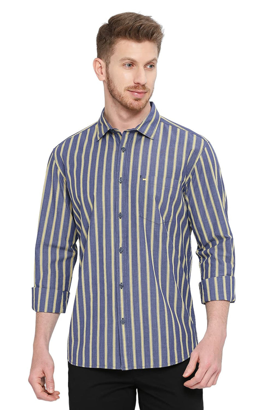 BASICS SLIM FIT TITAN NAVY COTTON STRIPE SHIRT