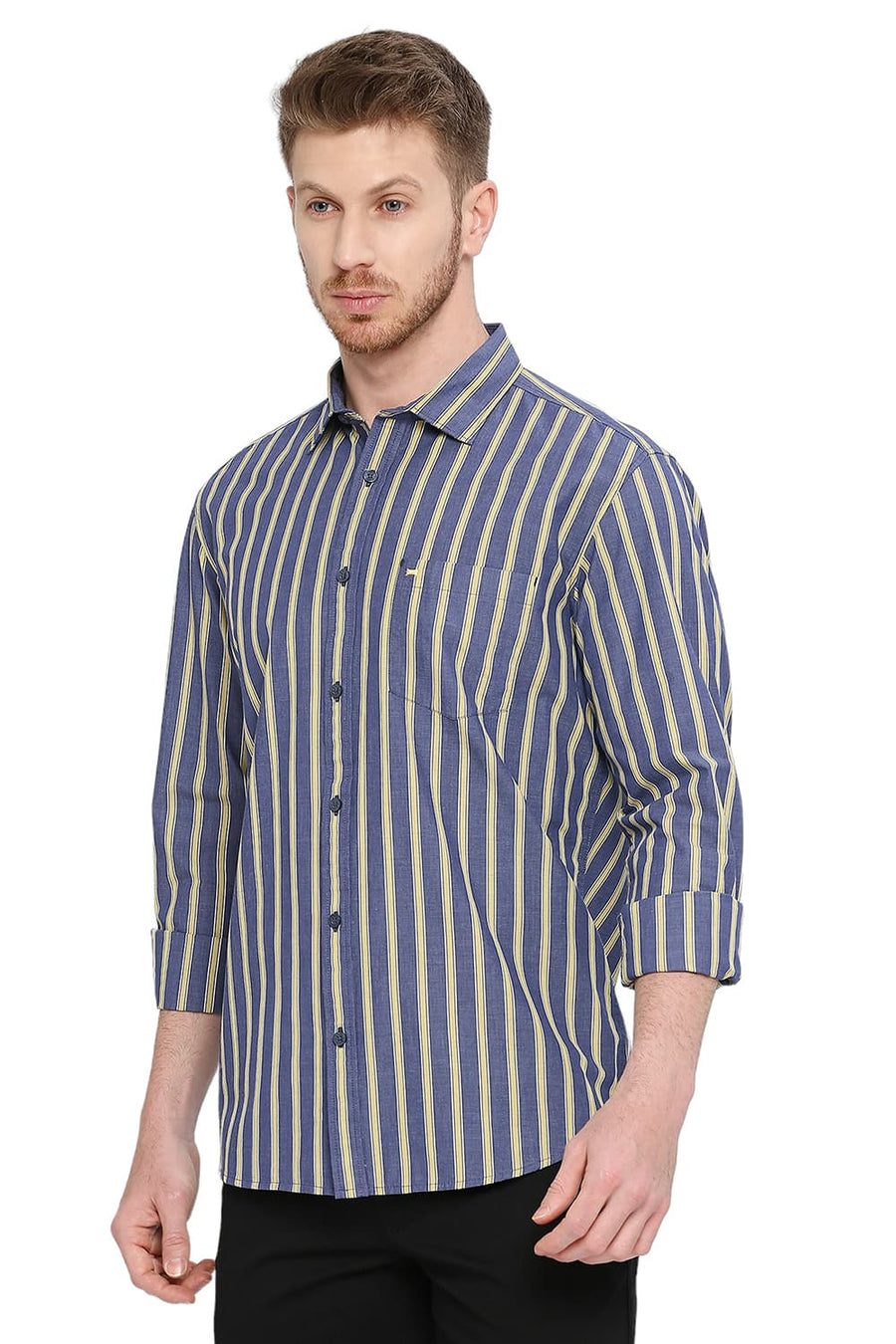 BASICS SLIM FIT TITAN NAVY COTTON STRIPE SHIRT