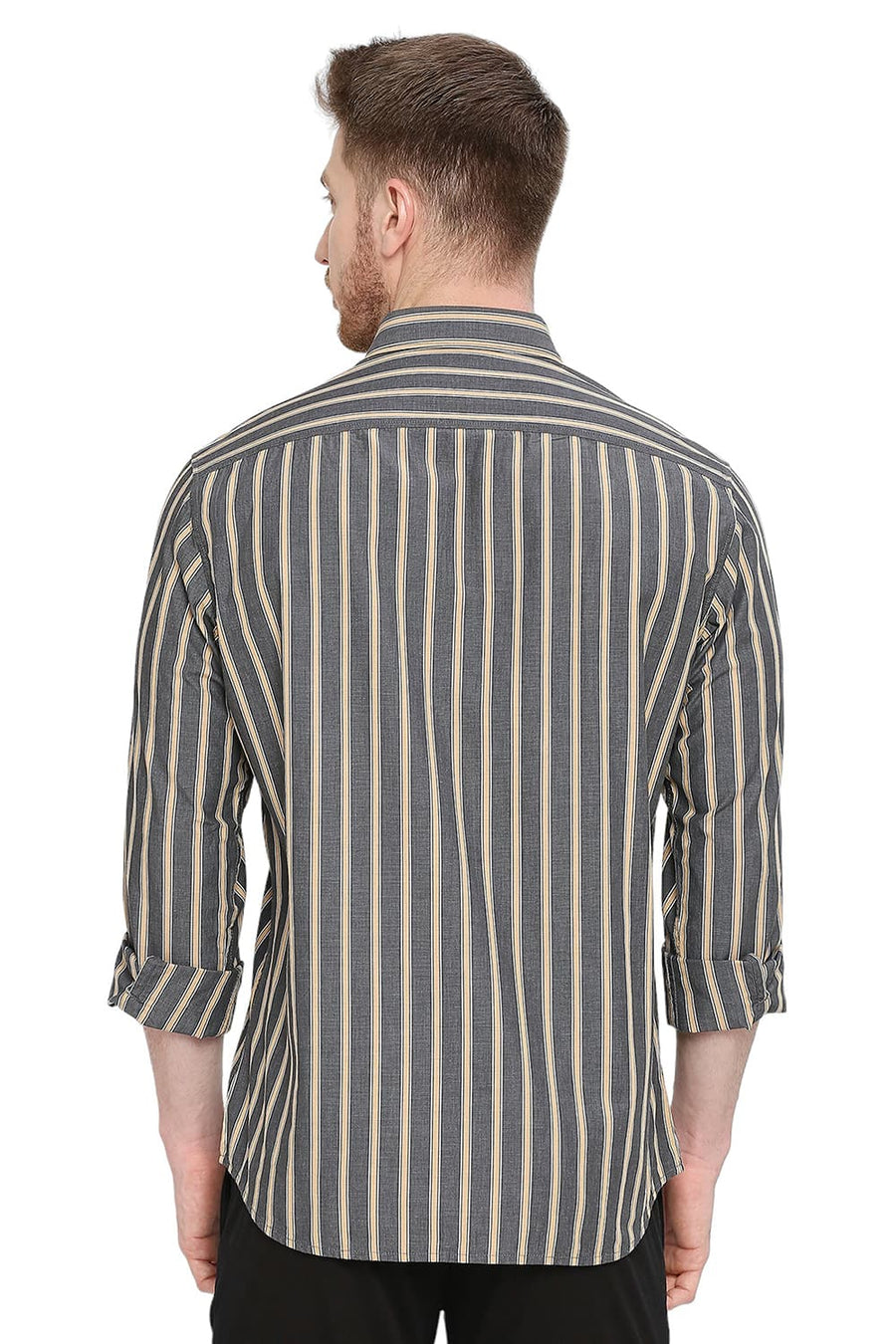 BASICS SLIM FIT GUNMETAL GREY COTTON STRIPE SHIRT
