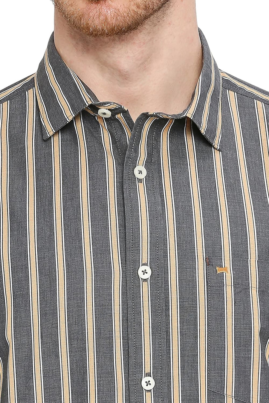 BASICS SLIM FIT GUNMETAL GREY COTTON STRIPE SHIRT