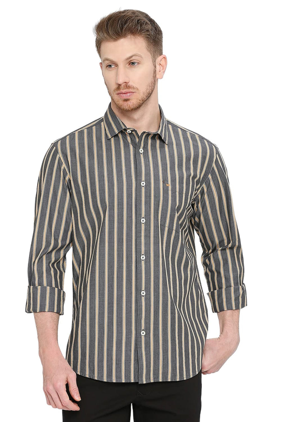 BASICS SLIM FIT GUNMETAL GREY COTTON STRIPE SHIRT