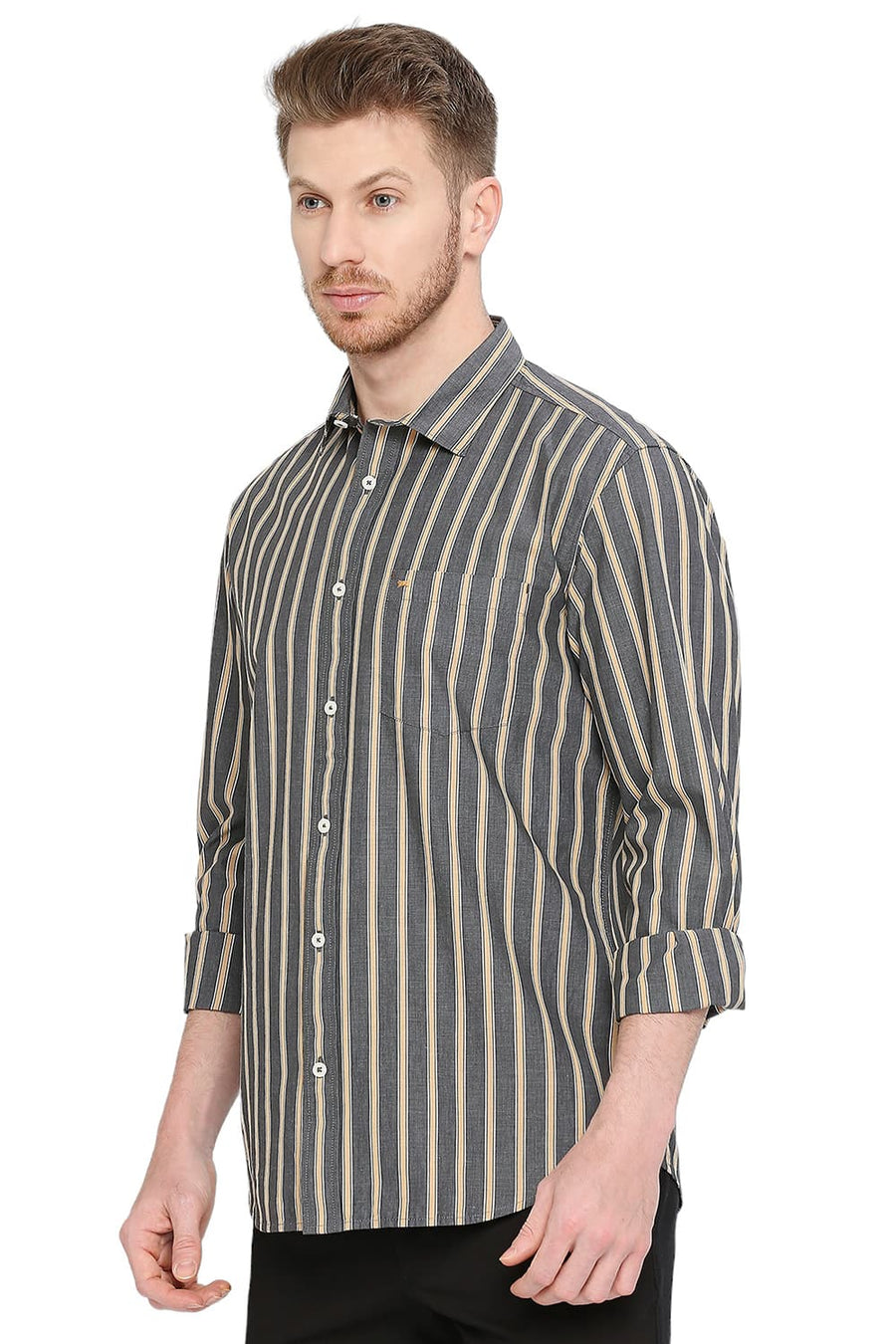 BASICS SLIM FIT GUNMETAL GREY COTTON STRIPE SHIRT