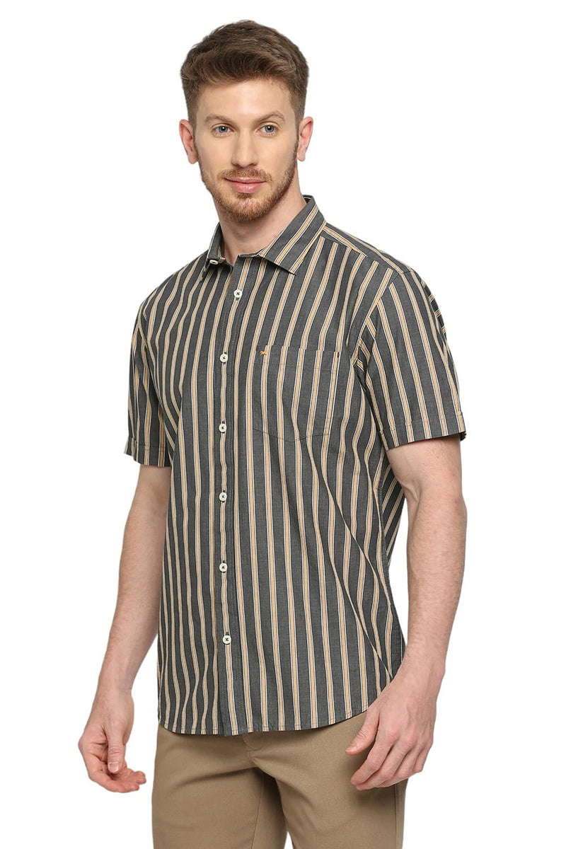 BASICS SLIM FIT COTTON STRIPE HALFSLEEVES SHIRT