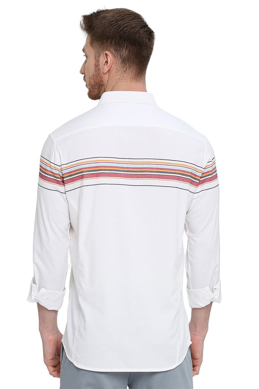 BASICS SLIM FIT TRUE RED COTTON TWILL WEFT ENGINEERING STRIPE SHIRT