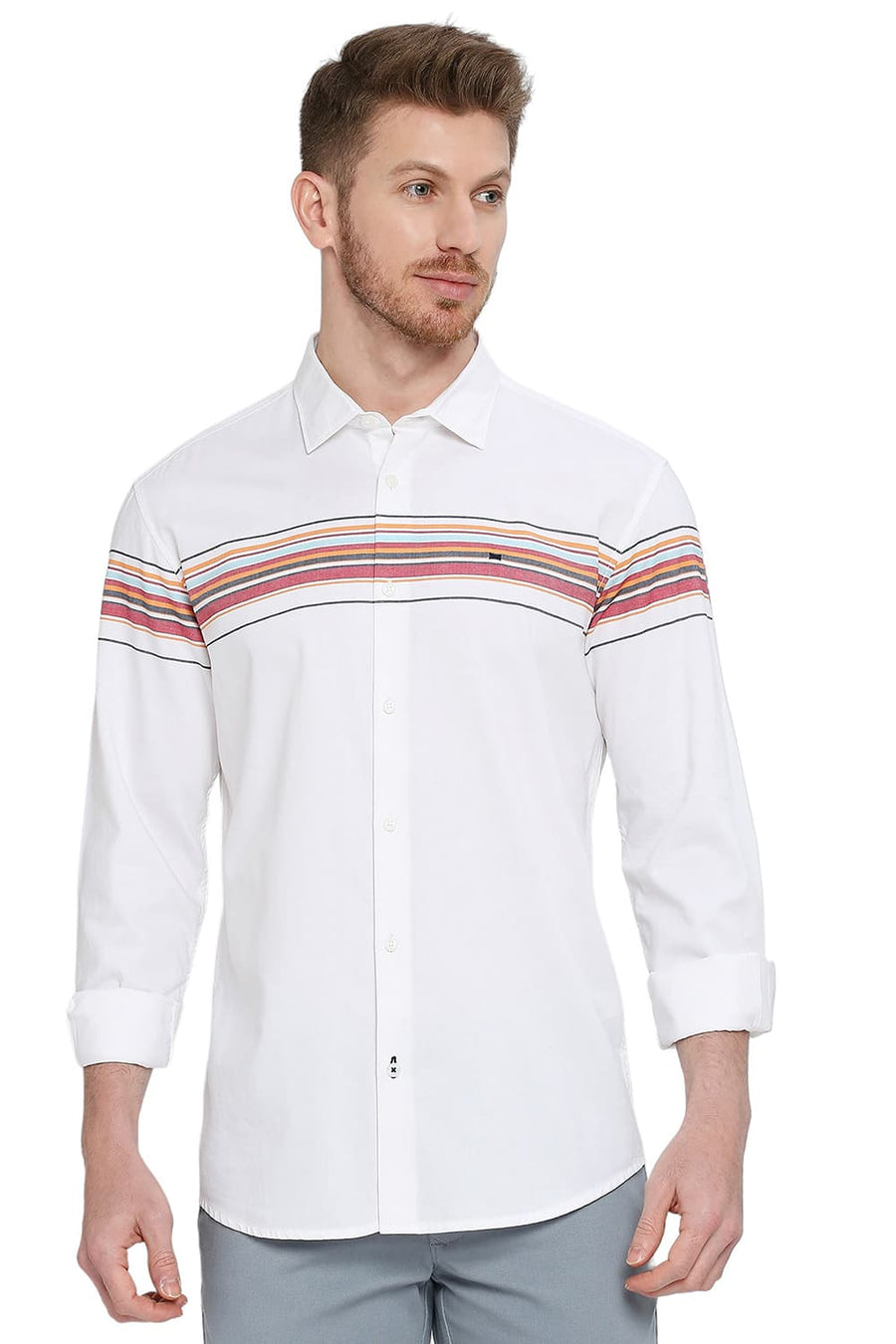 BASICS SLIM FIT TRUE RED COTTON TWILL WEFT ENGINEERING STRIPE SHIRT