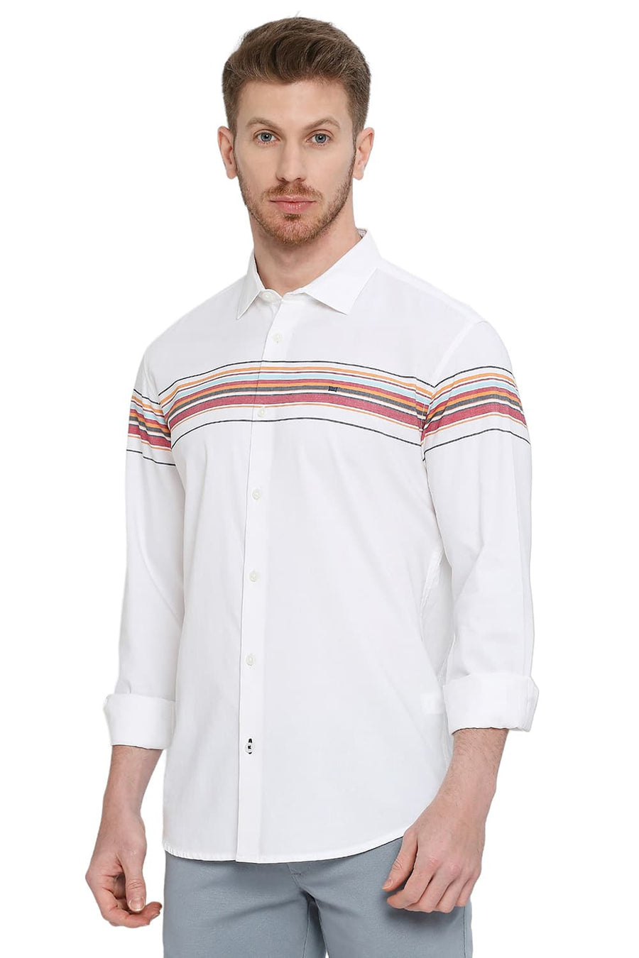 BASICS SLIM FIT TRUE RED COTTON TWILL WEFT ENGINEERING STRIPE SHIRT