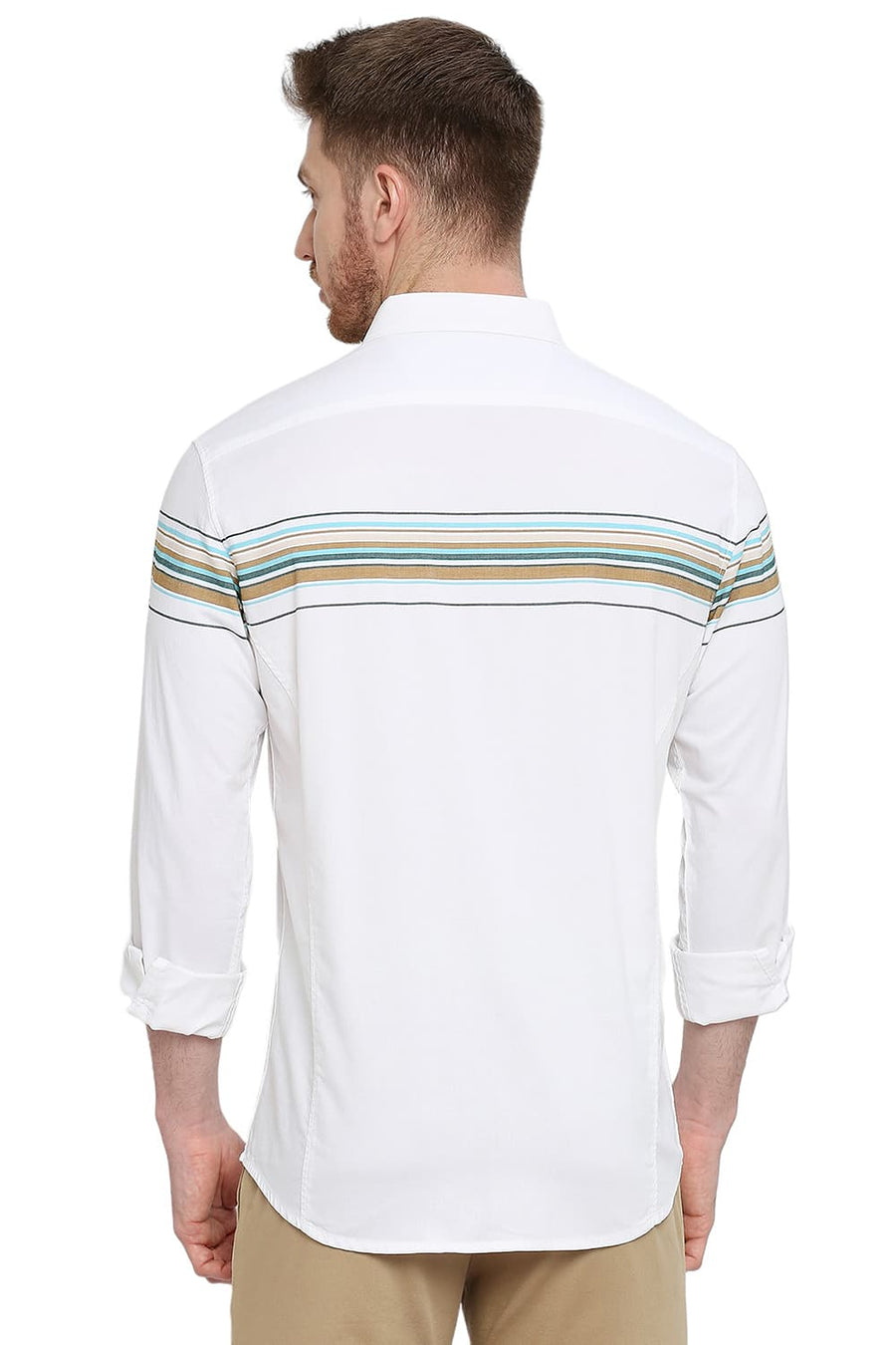 BASICS SLIM FIT BLEACHED AQUA COTTON TWILL WEFT ENGINEERING STRIPE SHIRT