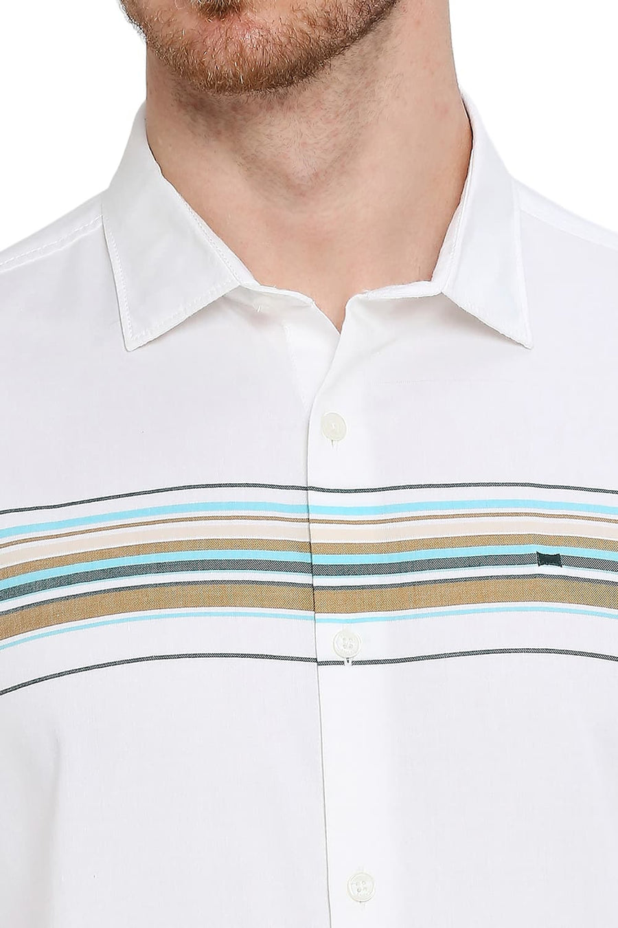 BASICS SLIM FIT BLEACHED AQUA COTTON TWILL WEFT ENGINEERING STRIPE SHIRT