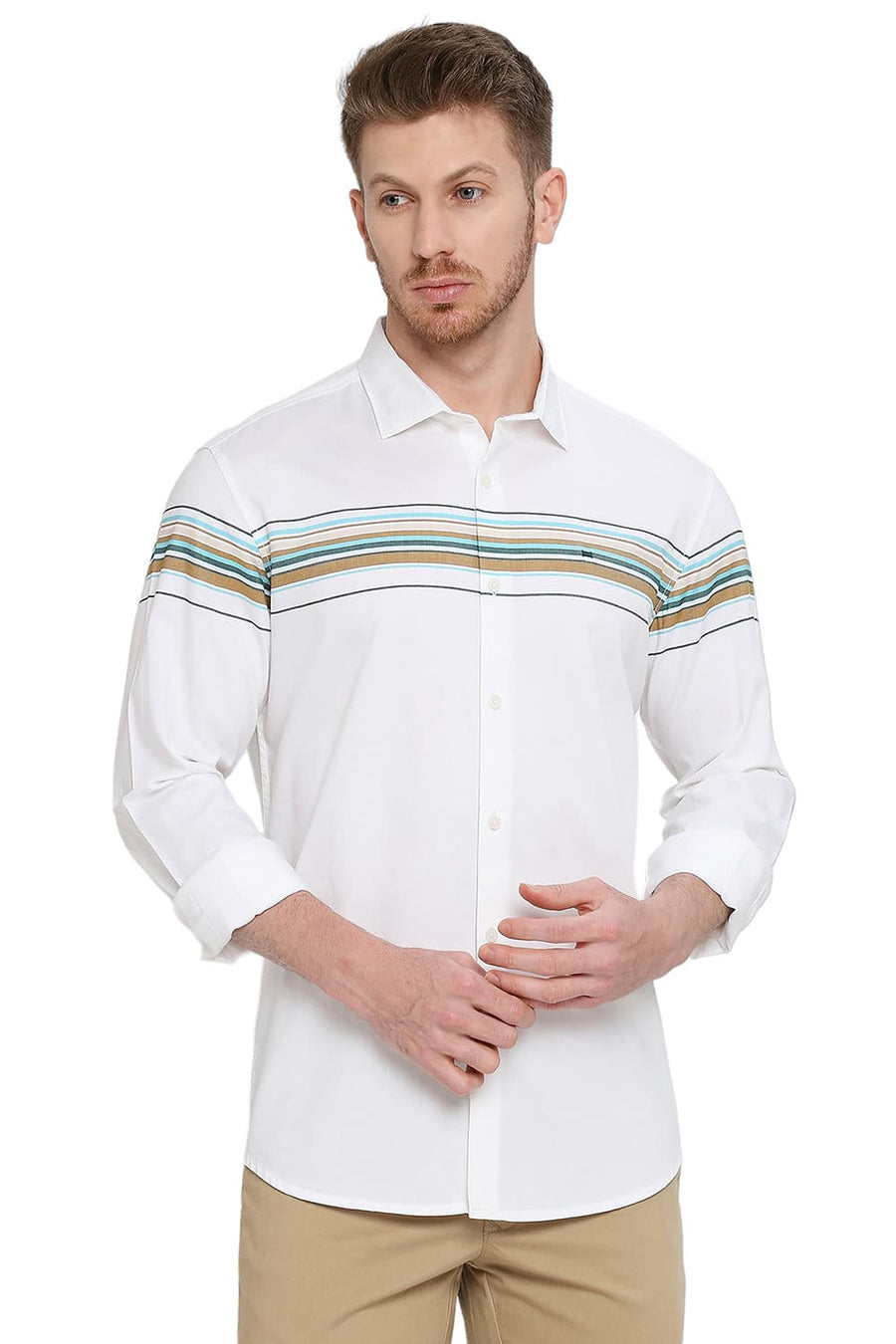 BASICS SLIM FIT BLEACHED AQUA COTTON TWILL WEFT ENGINEERING STRIPE SHIRT