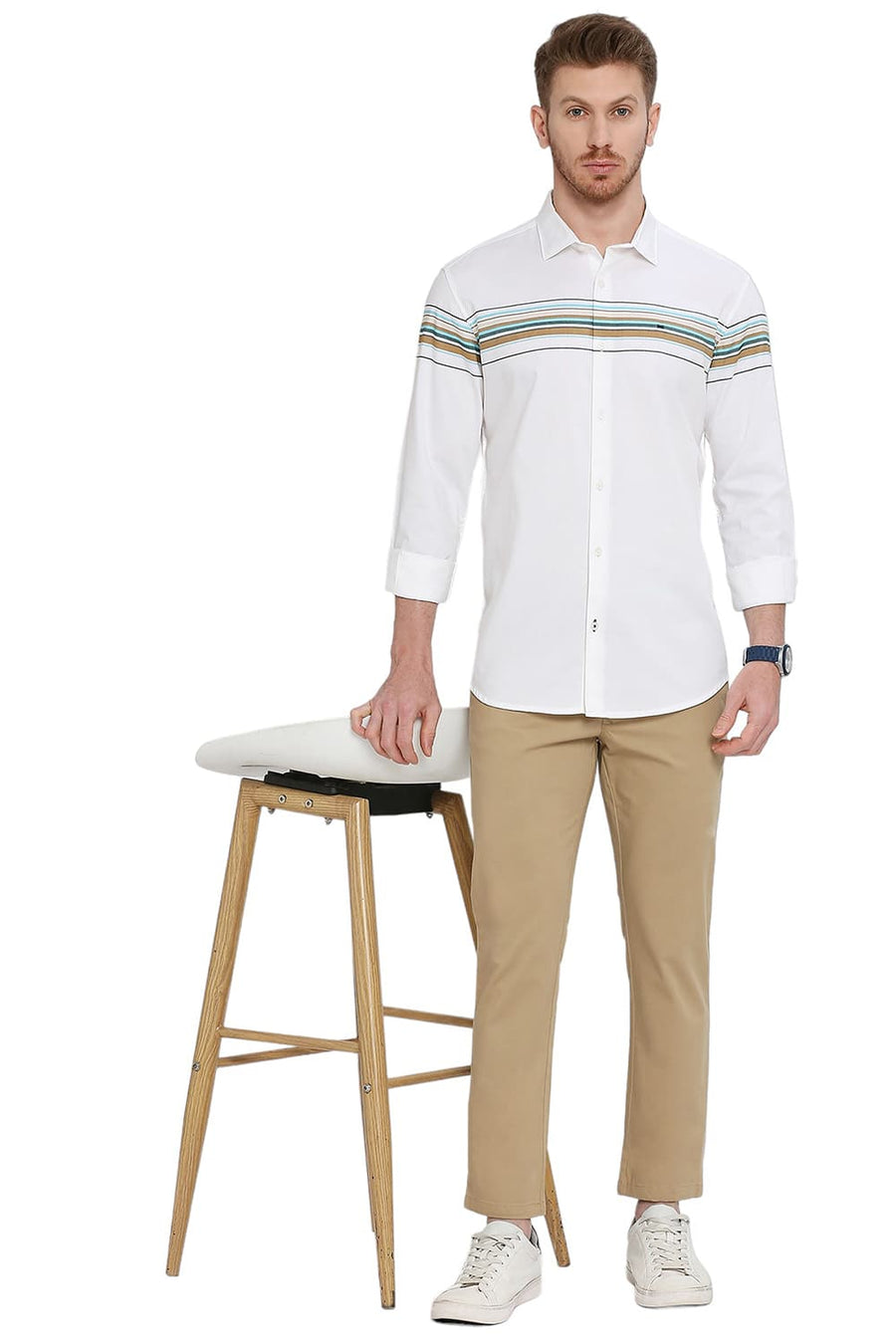 BASICS SLIM FIT BLEACHED AQUA COTTON TWILL WEFT ENGINEERING STRIPE SHIRT