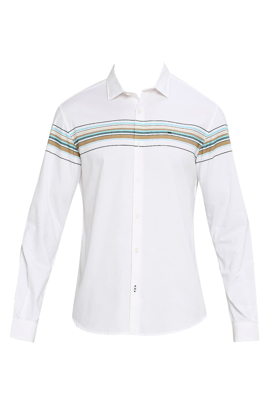 BASICS SLIM FIT BLEACHED AQUA COTTON TWILL WEFT ENGINEERING STRIPE SHIRT