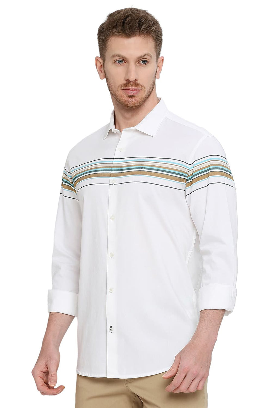 BASICS SLIM FIT BLEACHED AQUA COTTON TWILL WEFT ENGINEERING STRIPE SHIRT