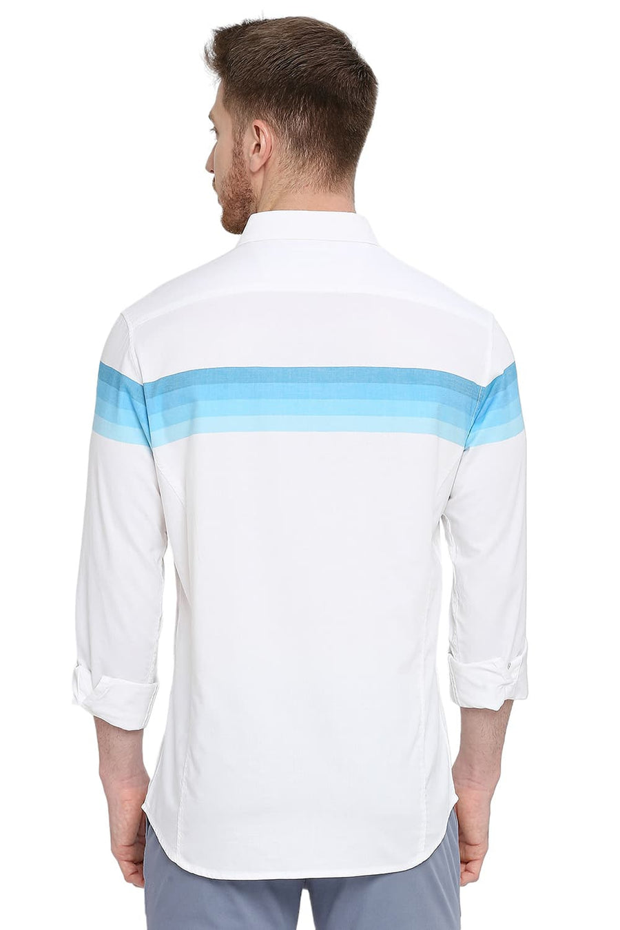 BASICS SLIM FIT NORSE BLUE COTTON TWILL WEFT ENGINEERING STRIPE SHIRT