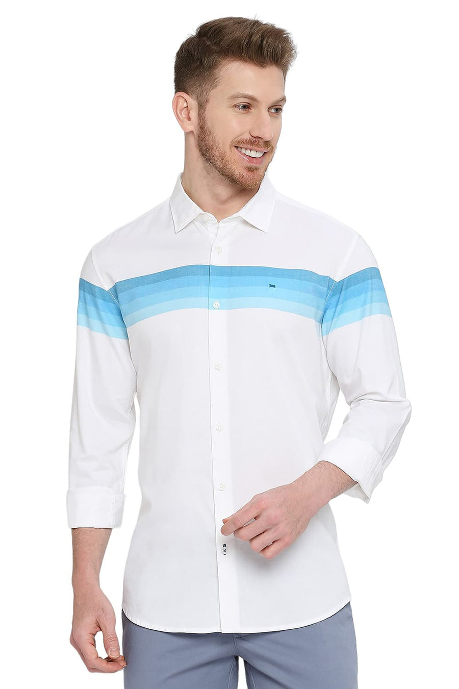 BASICS SLIM FIT NORSE BLUE COTTON TWILL WEFT ENGINEERING STRIPE SHIRT