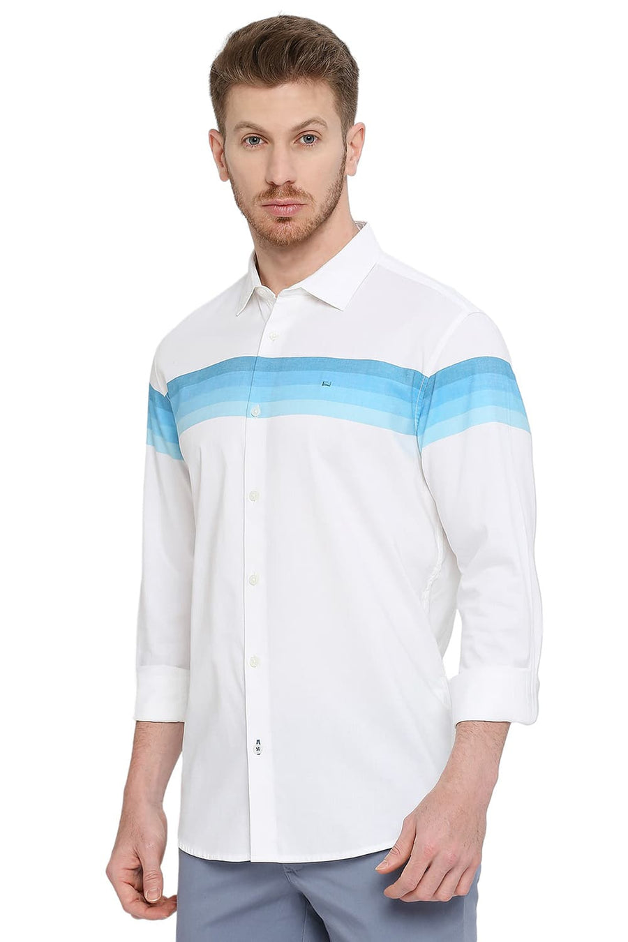 BASICS SLIM FIT NORSE BLUE COTTON TWILL WEFT ENGINEERING STRIPE SHIRT