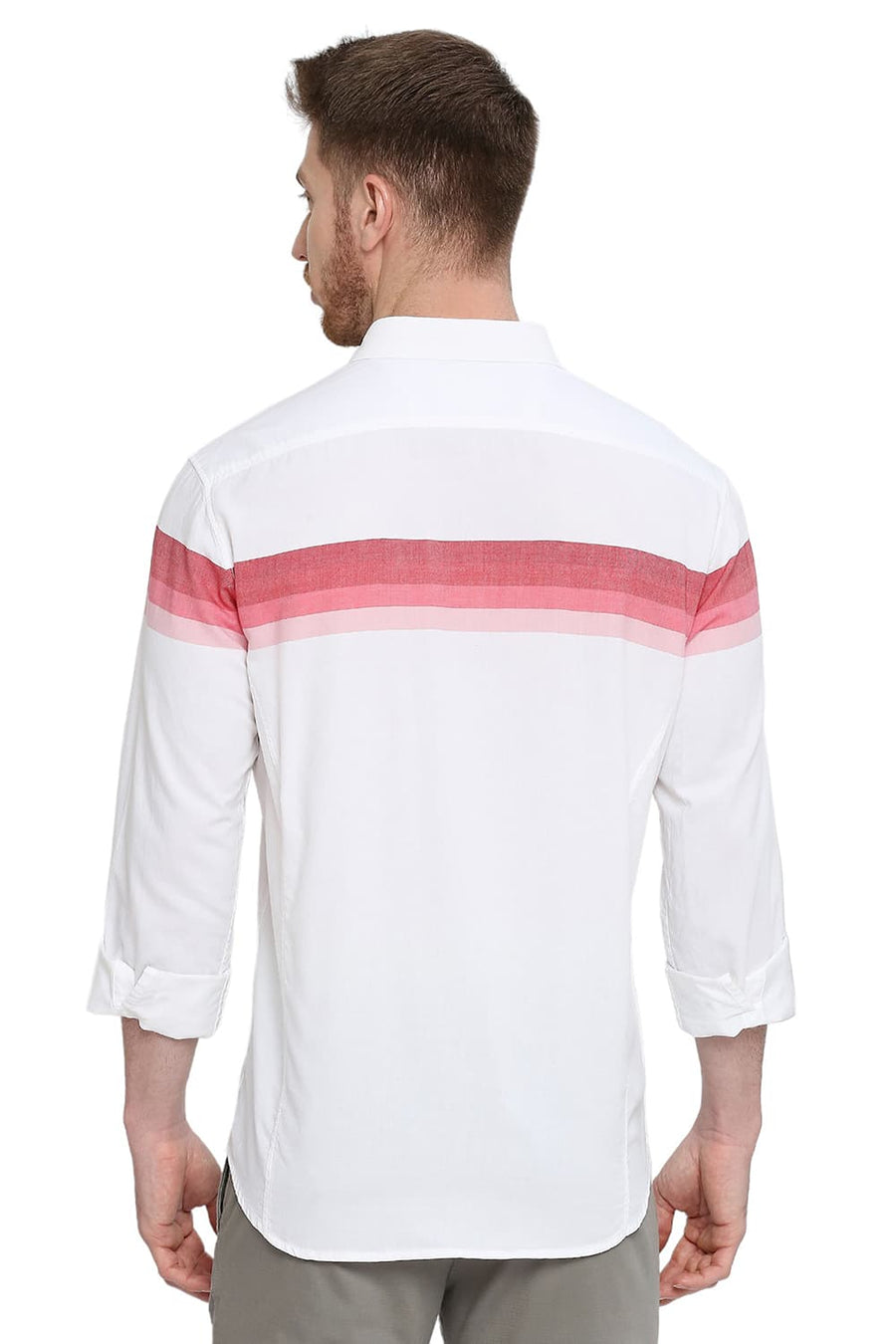 BASICS SLIM FIT RIBBON RED COTTON TWILL WEFT ENGINEERING STRIPE SHIRT