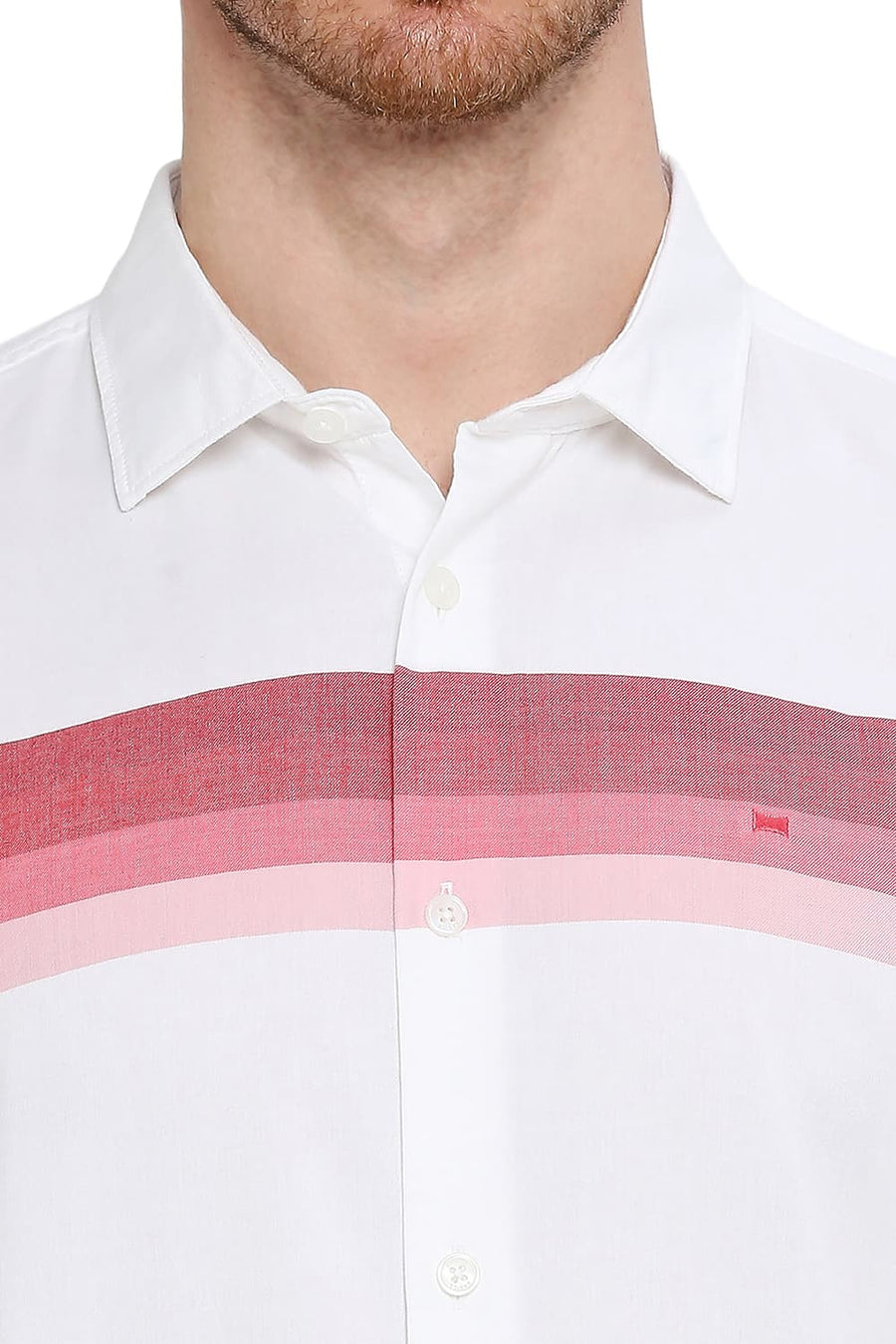 BASICS SLIM FIT RIBBON RED COTTON TWILL WEFT ENGINEERING STRIPE SHIRT