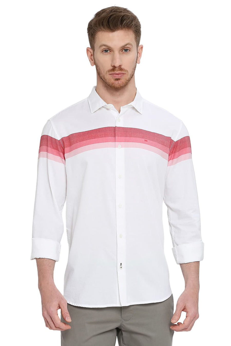 BASICS SLIM FIT RIBBON RED COTTON TWILL WEFT ENGINEERING STRIPE SHIRT