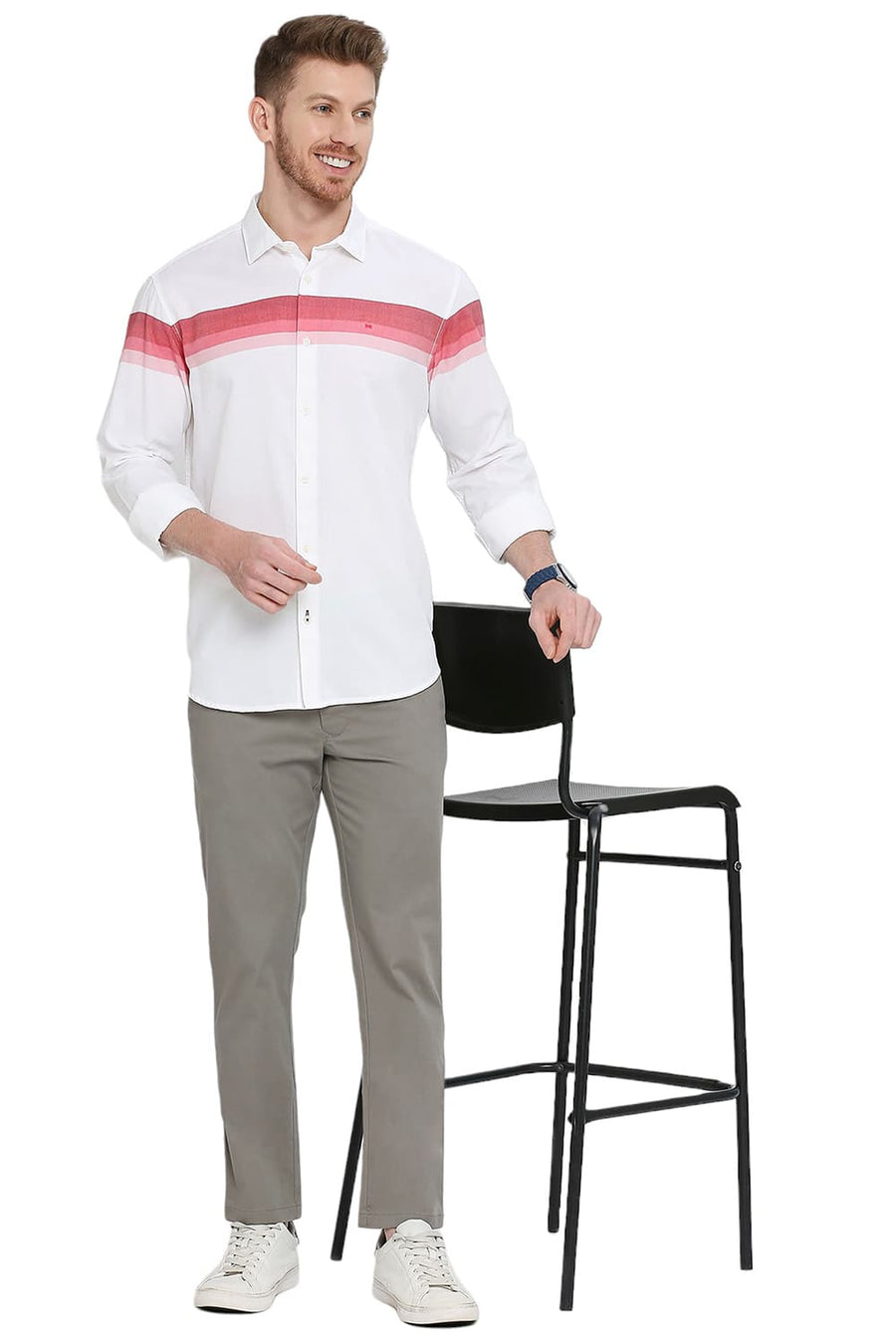 BASICS SLIM FIT RIBBON RED COTTON TWILL WEFT ENGINEERING STRIPE SHIRT