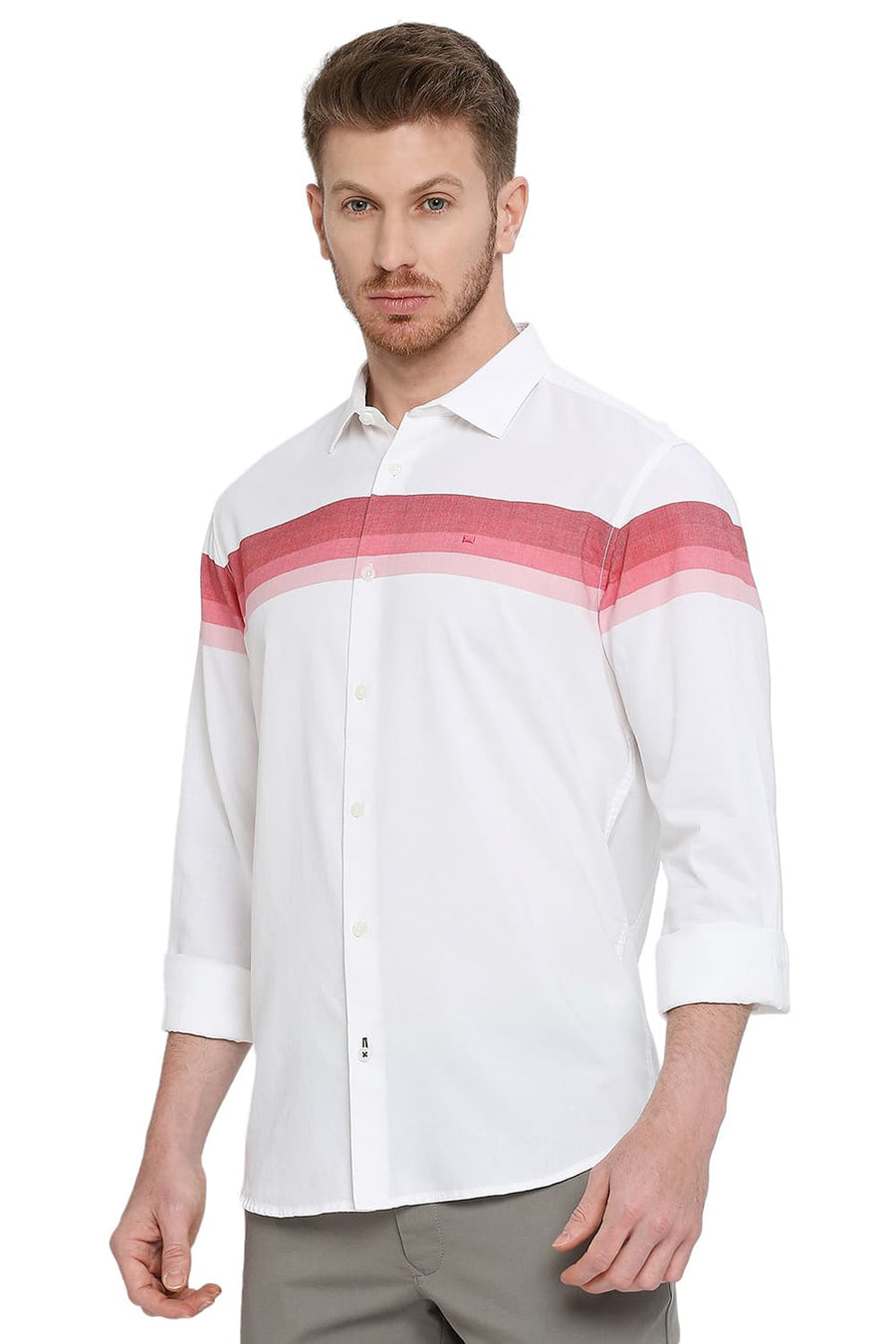 BASICS SLIM FIT RIBBON RED COTTON TWILL WEFT ENGINEERING STRIPE SHIRT