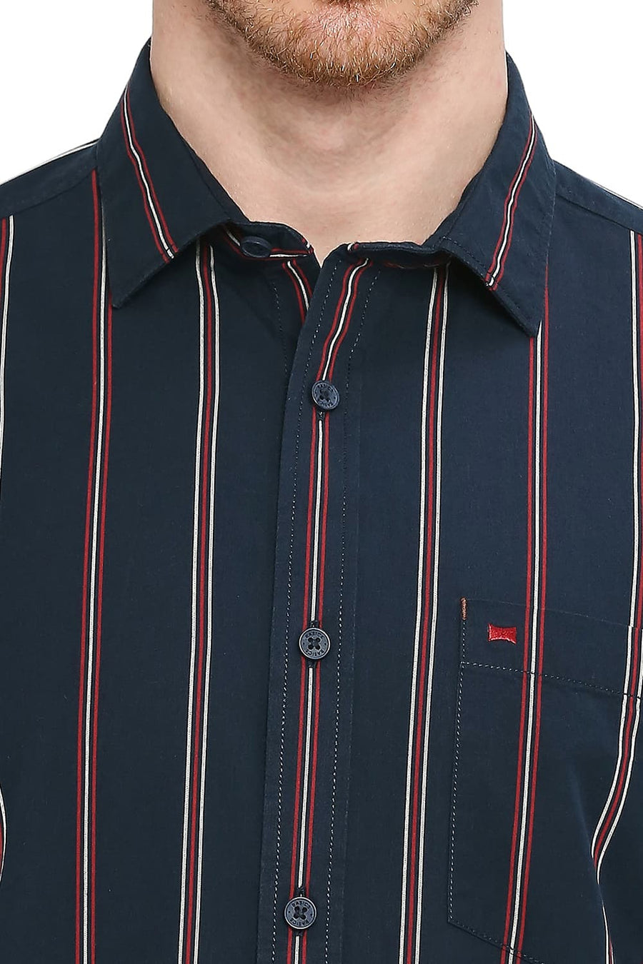 BASICS SLIM FIT OCEANA NAVY COTTON STRIPE SHIRT