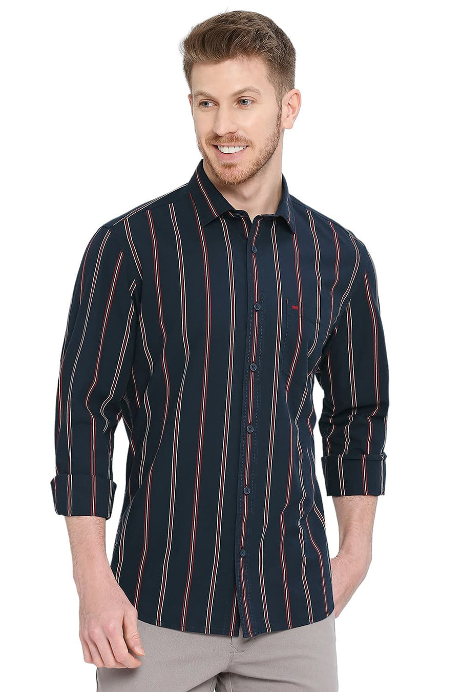 BASICS SLIM FIT OCEANA NAVY COTTON STRIPE SHIRT