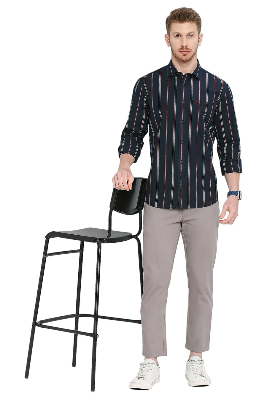 BASICS SLIM FIT OCEANA NAVY COTTON STRIPE SHIRT