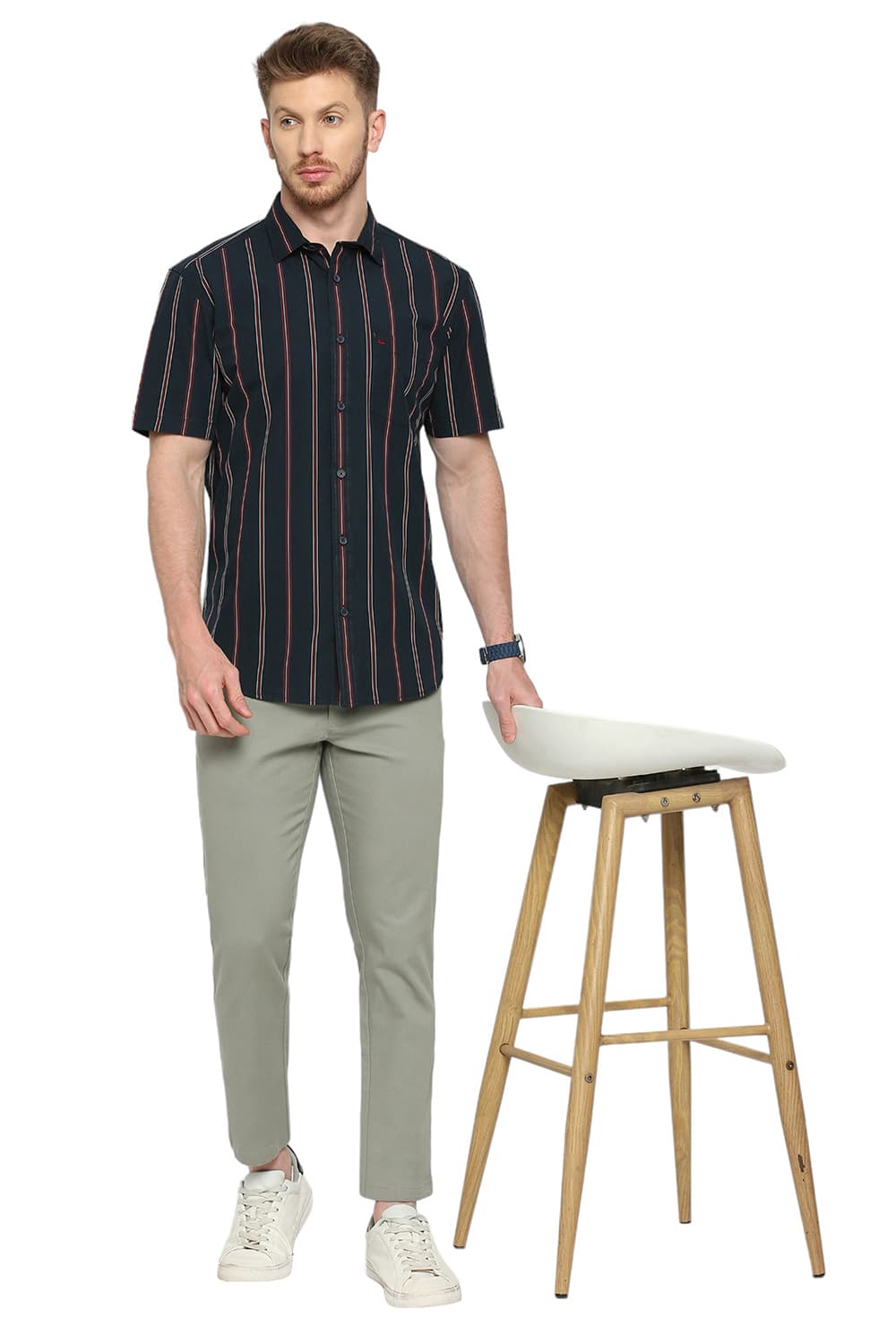 BASICS SLIM FIT COTTON STRIPE HALFSLEEVES SHIRT