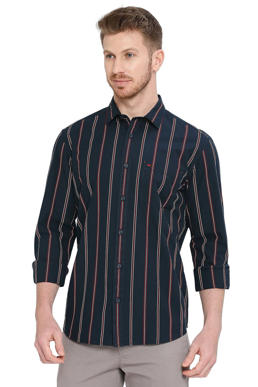 BASICS SLIM FIT OCEANA NAVY COTTON STRIPE SHIRT