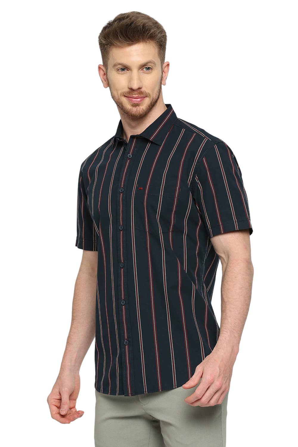 BASICS SLIM FIT COTTON STRIPE HALFSLEEVES SHIRT