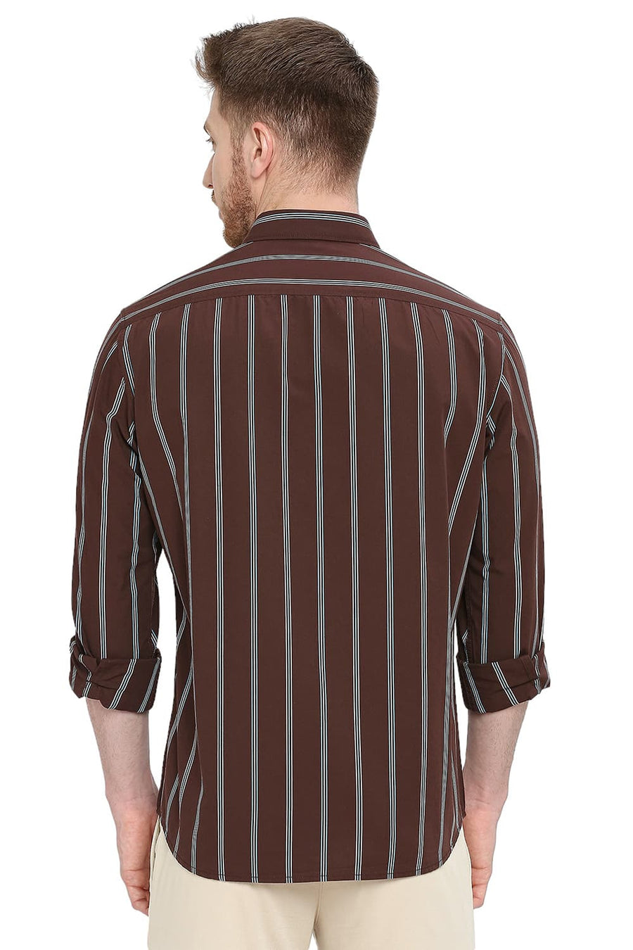 BASICS SLIM FIT ROASTED COFFEE COTTON STRIPE SHIRT