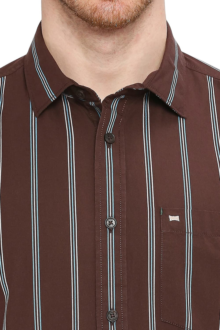 BASICS SLIM FIT ROASTED COFFEE COTTON STRIPE SHIRT