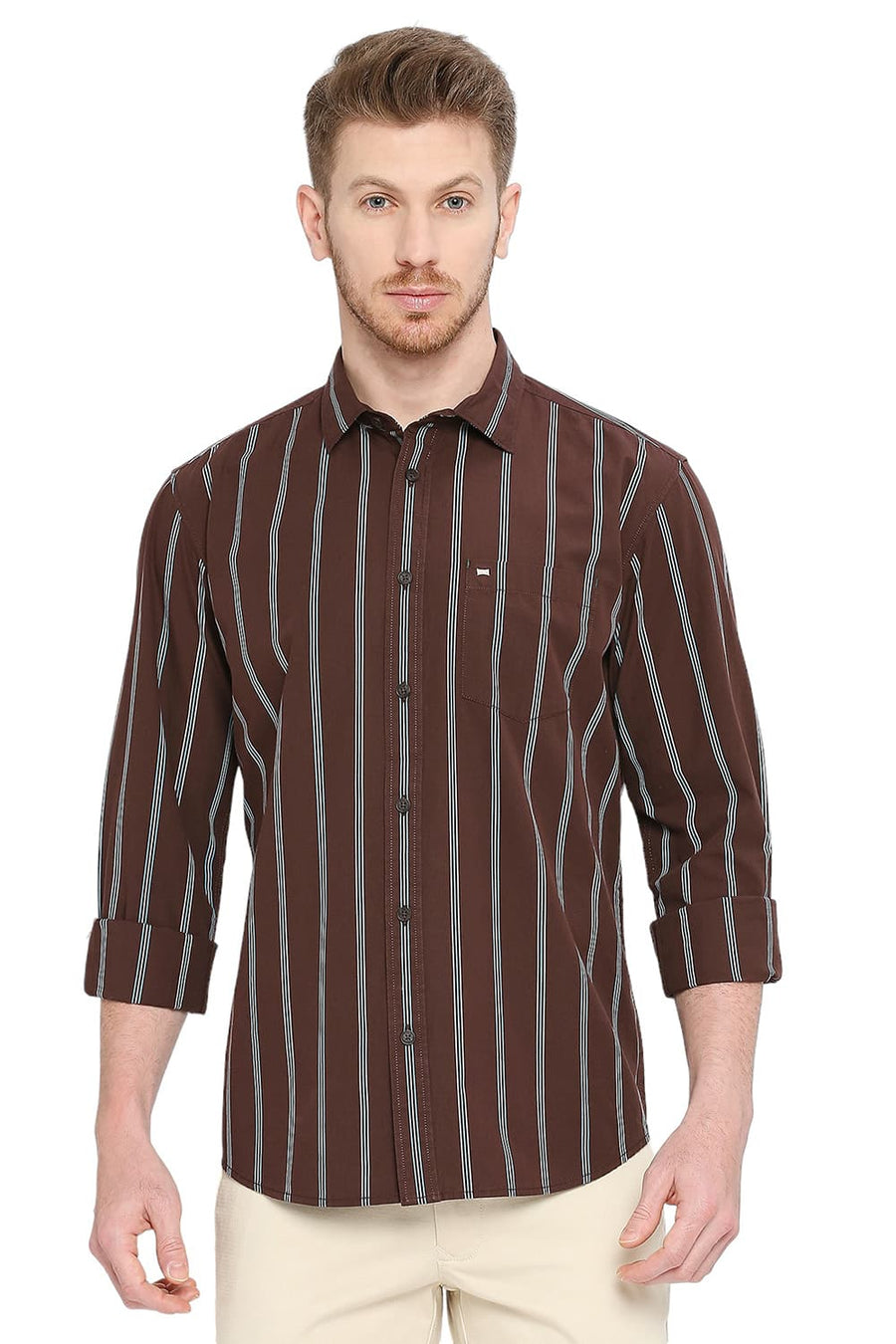 BASICS SLIM FIT ROASTED COFFEE COTTON STRIPE SHIRT