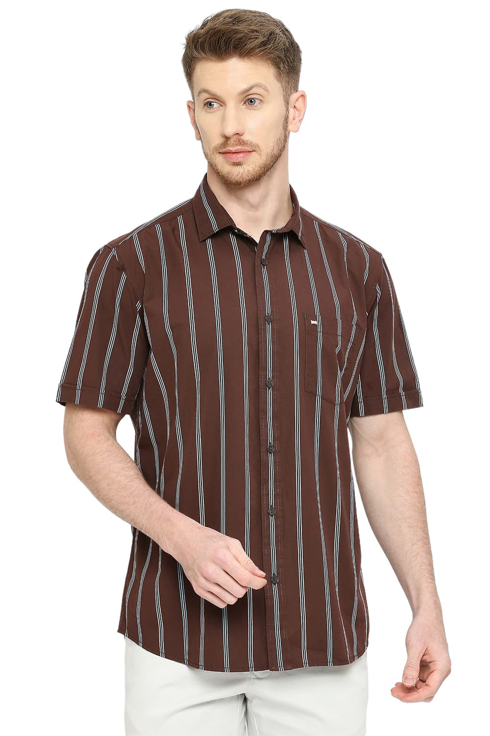 BASICS SLIM FIT COTTON STRIPE HALFSLEEVES SHIRT