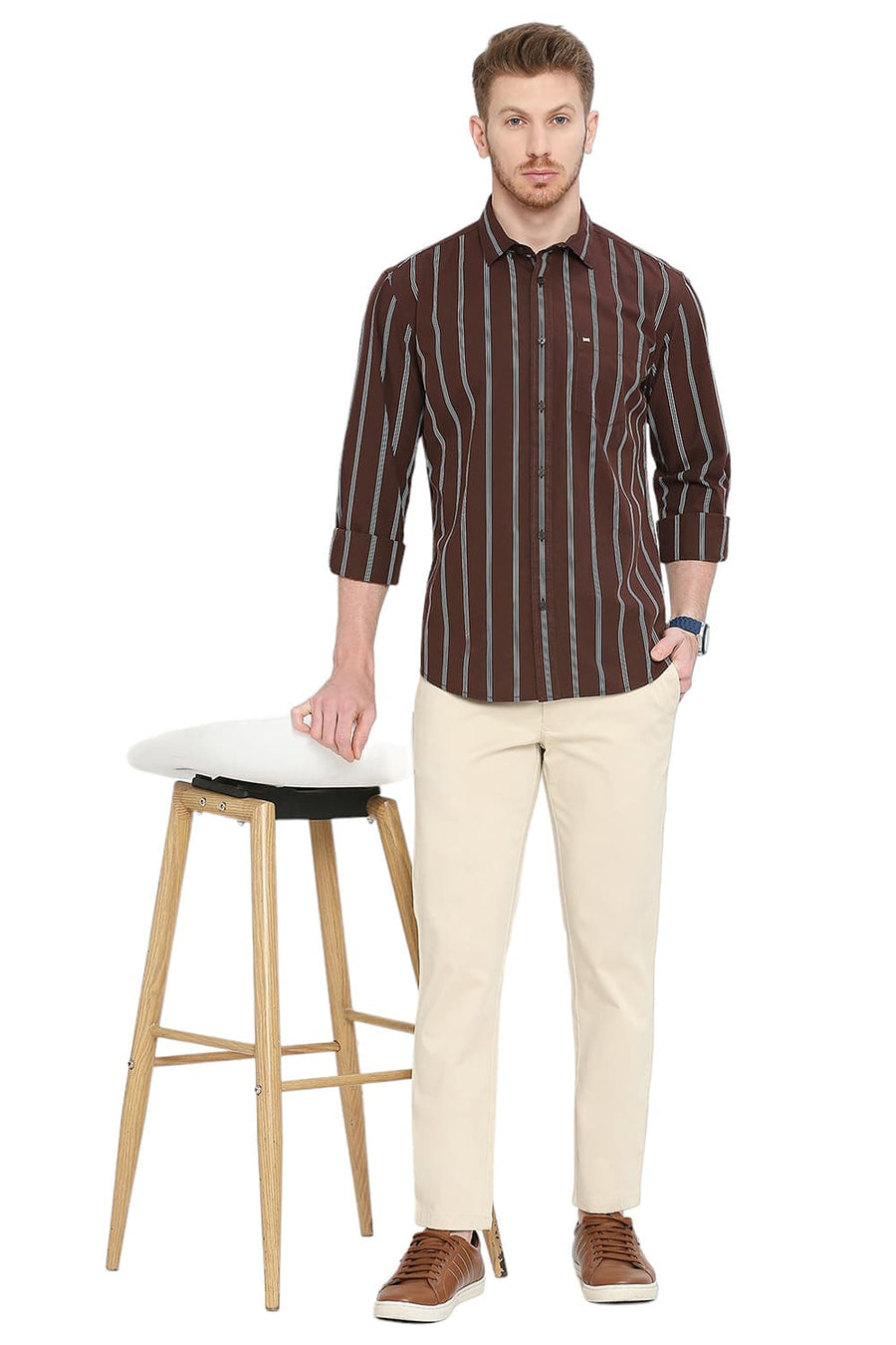 BASICS SLIM FIT ROASTED COFFEE COTTON STRIPE SHIRT