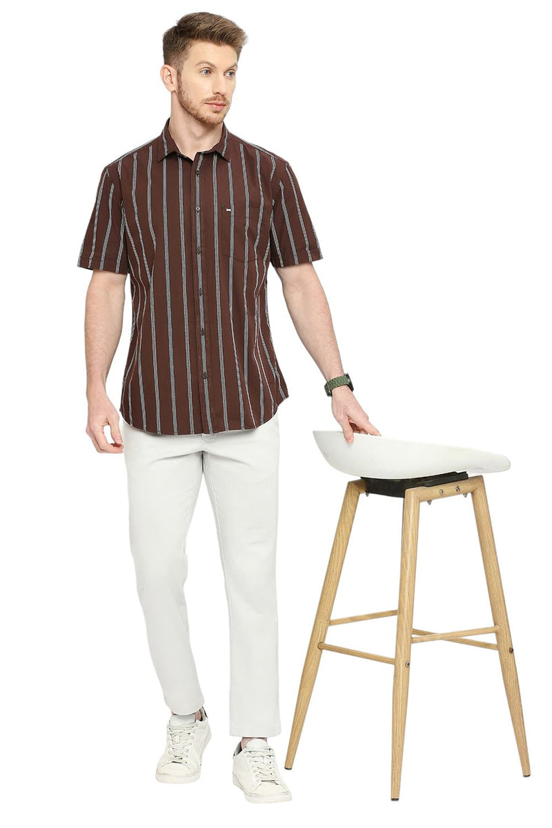 BASICS SLIM FIT COTTON STRIPE HALFSLEEVES SHIRT