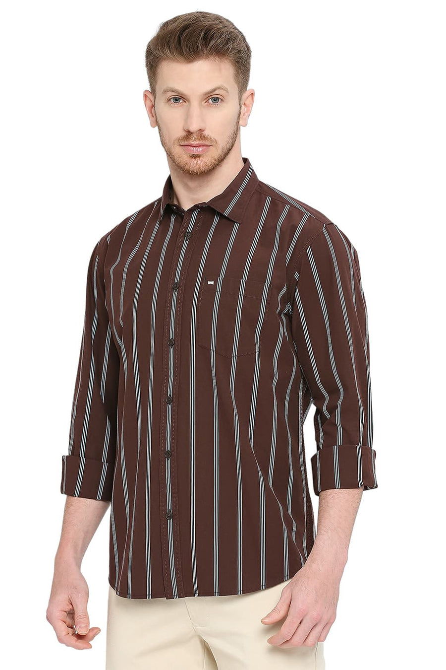 BASICS SLIM FIT ROASTED COFFEE COTTON STRIPE SHIRT