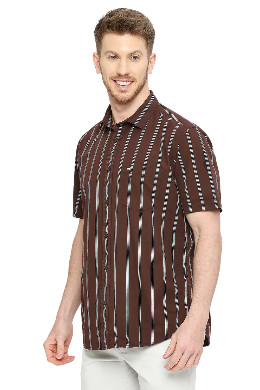 BASICS SLIM FIT COTTON STRIPE HALFSLEEVES SHIRT